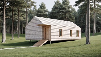 Obraz premium The cabin features a simple, rectangular design with a steeply pitched roof. The exterior is clad in light-colored wooden shingles, blending harmoniously with the natural surroundings