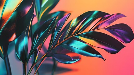 Fototapeta premium Tropical leaves with vibrant iridescent colors.