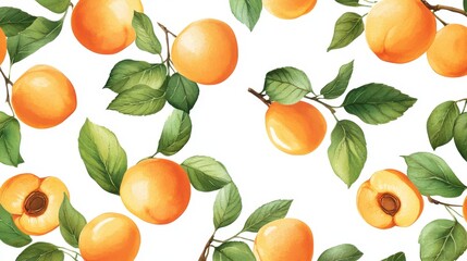 Fresh Apricots and Green Leaves Pattern on White Background - Vibrant and Juicy Fruit Illustration