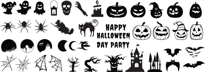 Big Collection of Halloween vector black silhouettes. Hand draw haunted house, creepy tree, crow, skeleton, pumpkins, Halloween ghost, flying witch, zombie, owl, tombstone fence, witch's broom, coffin