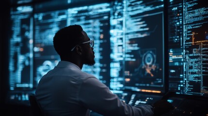 Fototapeta premium Man Working in Cybersecurity Control Room