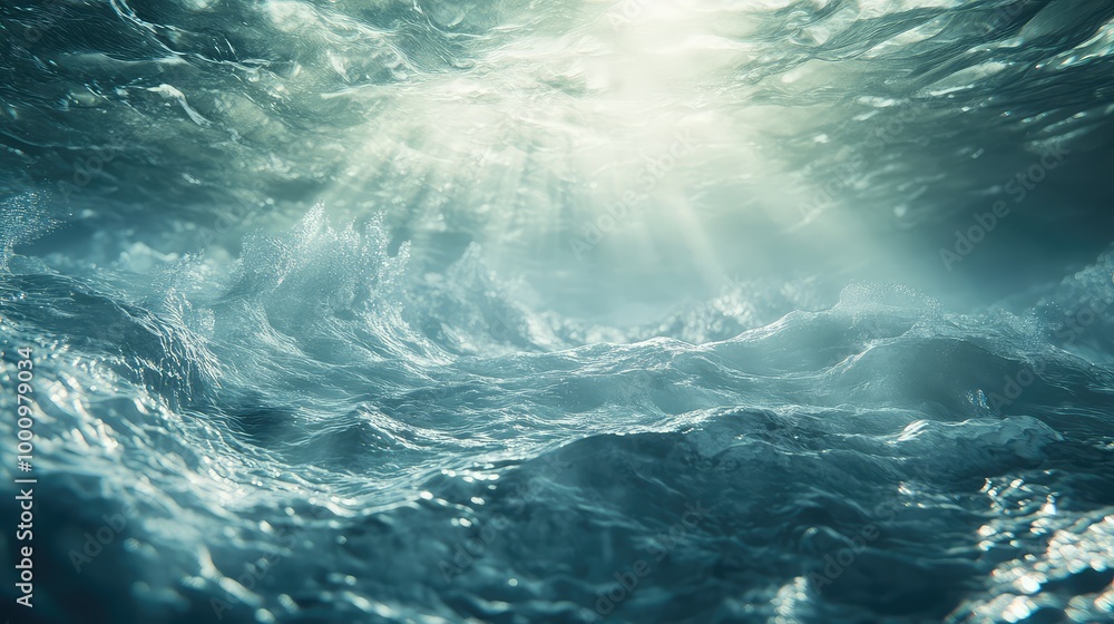 Poster a dreamlike 3d design of the water bottom, surrounded by soft light and dynamic waves creating an en