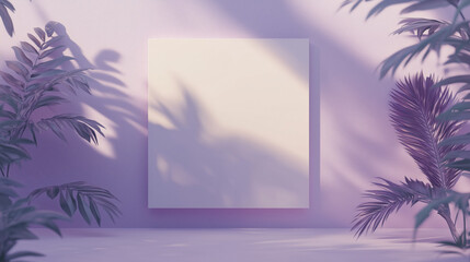 Minimalist Mockup with Blank Poster and Tropical Leaves – Purple Decor and Soft Lighting for a Clean and Customizable Design – Perfect for Premium Branding and Exotic Interior Decoration