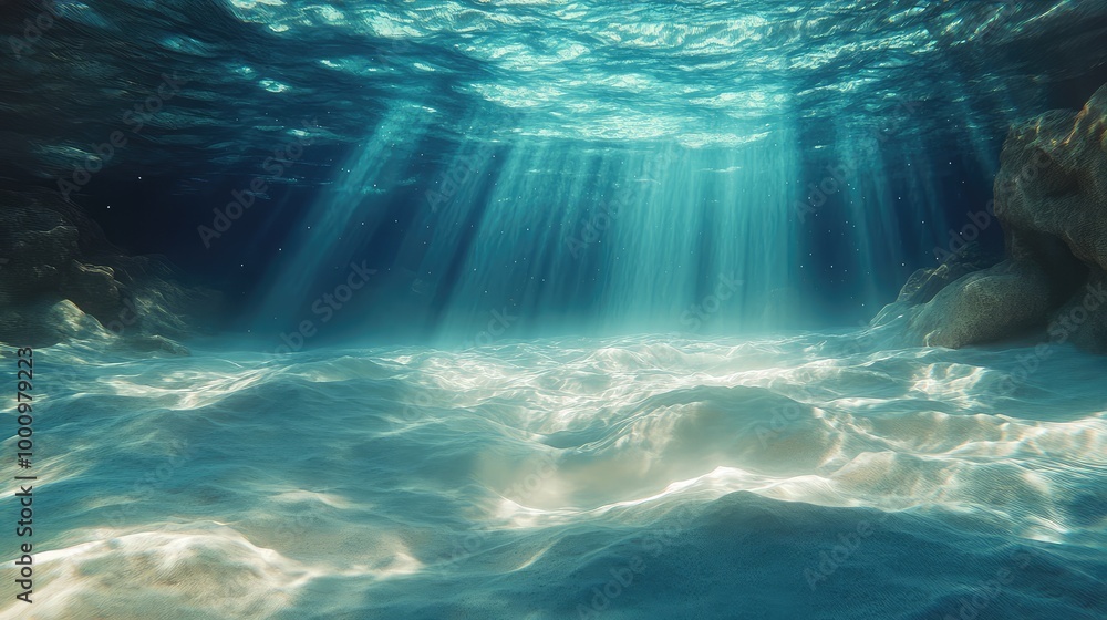 Poster a dreamlike 3d design of the water bottom, surrounded by soft light and dynamic waves creating an en