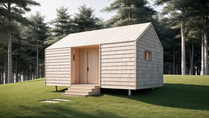 Obraz premium The cabin features a simple, rectangular design with a steeply pitched roof. The exterior is clad in light-colored wooden shingles, blending harmoniously with the natural surroundings