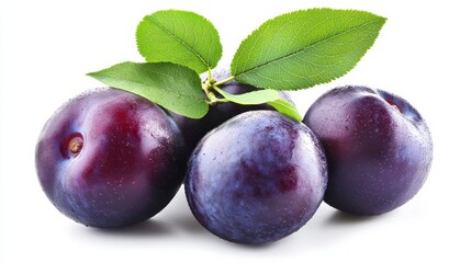 Fresh Juicy Plums with Green Leaves Isolated on White Background - Perfect for Healthy Eating and Fruit-Themed Designs