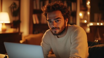 Obraz premium Man Working Late on Laptop at Home