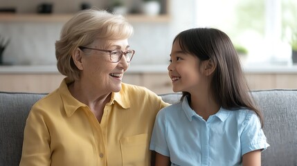 Naklejka premium Grandmother and granddaughter sharing a moment on the couch
