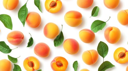 Obraz premium Fresh and Vibrant Peach Pattern with Green Leaves on a White Background - Perfect for Summer and Fruit-Themed Designs