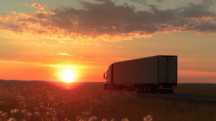 Sunset Over Highway with Truck Silhouette in Countryside Landscape
