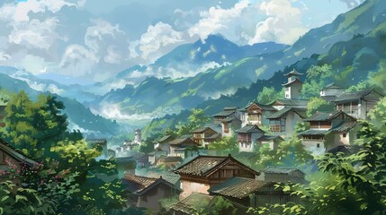 Obraz premium Beautiful Background of Rural Scenery in Mountain Villages: A Peaceful and Idyllic Retreat. Experience the Tranquility and Charm.