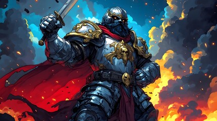 Fototapeta premium Majestic Fantasy Knight Warrior in Ornate Silver and Gold Armor Commanding the Battlefield