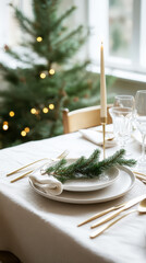Festive elegant table, aesthetically served in white with pine branches. Traditional family dinner. Generative AI