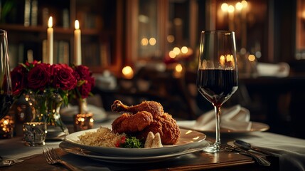 Elegant Dining Experience: Fried Chicken Meal in Warm Ambiance