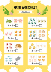 Math Worksheet educational how many activities for children. Learning addition, subtraction. Preschool printable worksheet activity, count and write the result. First grade worksheets. Teacher resourc