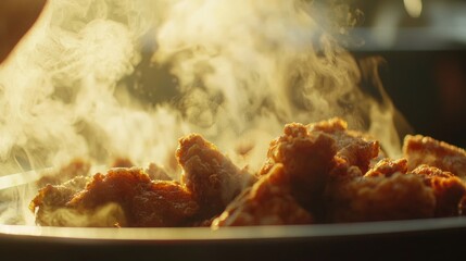 Crispy Fried Chicken Delight - Tempting Close-Up of Steamy Dish Freshly Served on Plate | Ad Poster Photography