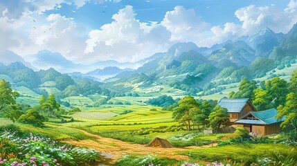 Obraz premium Beautiful Background of Rural Scenery in Mountain Villages: A Peaceful and Idyllic Retreat. Experience the Tranquility and Charm.