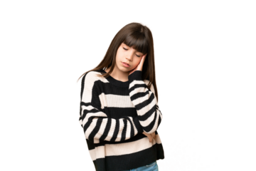 Little girl over isolated green chroma key background with headache