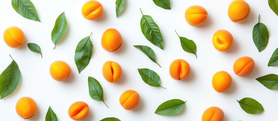 Fresh Apricots and Green Leaves Pattern on White Background - Minimalist Summer Fruit Arrangement