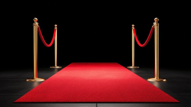 Red carpet entrance with rope barriers, black background.