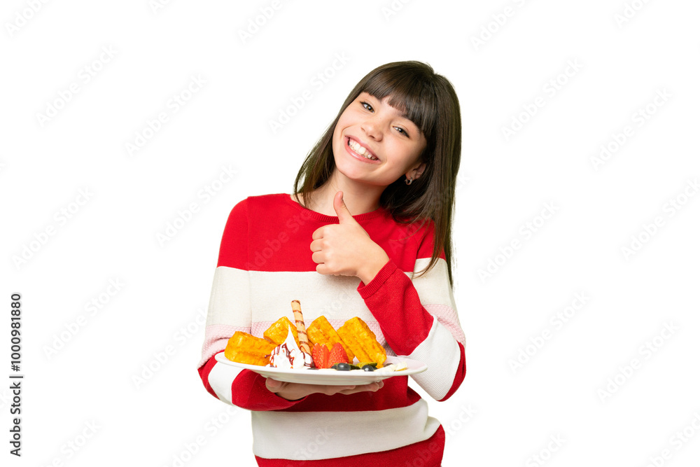 Canvas Prints Little girl holding waffles over isolated chroma key background giving a thumbs up gesture