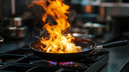 Intense Flame Under a Black Pan on the Stove in a Restaurant Kitchen