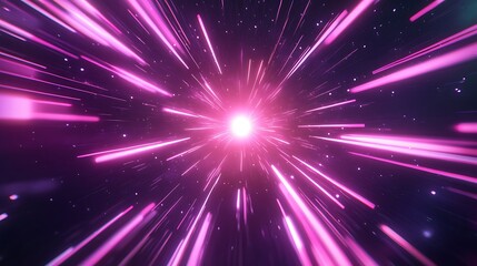  Neon speed rays abstract background. A burst of pink light energy. The movement of luminous purple rays in space. 