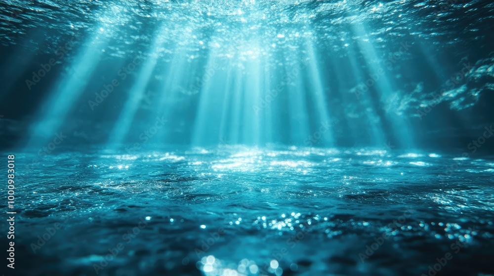 Poster an abstract 3d depiction of a shimmering water bottom with ethereal light beams piercing through, cr