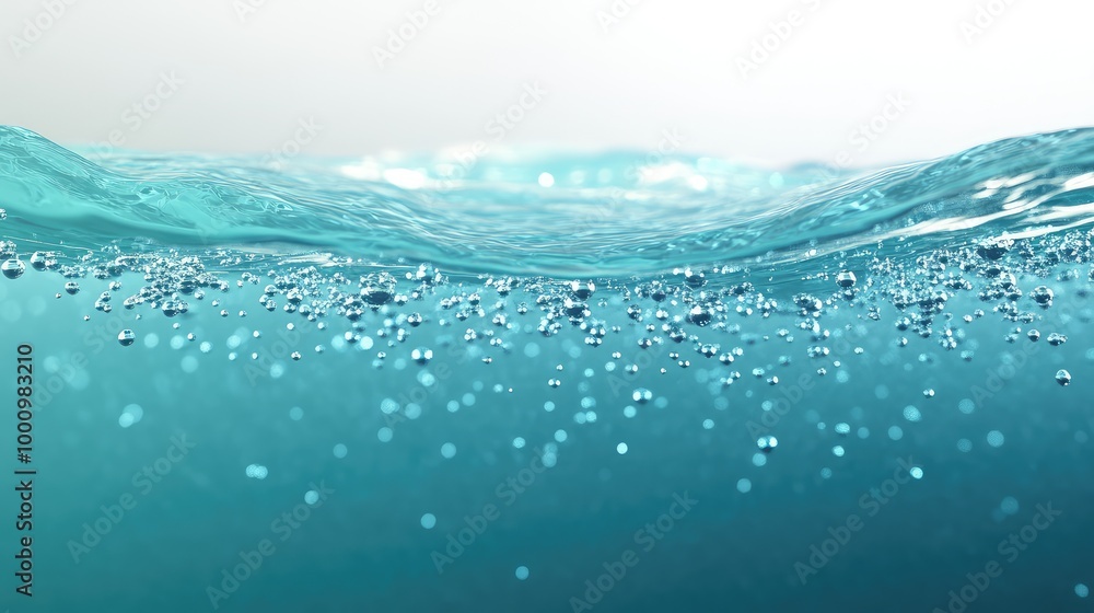 Poster an abstract 3d image of a serene water bottom, with floating particles and a smooth gradient transit