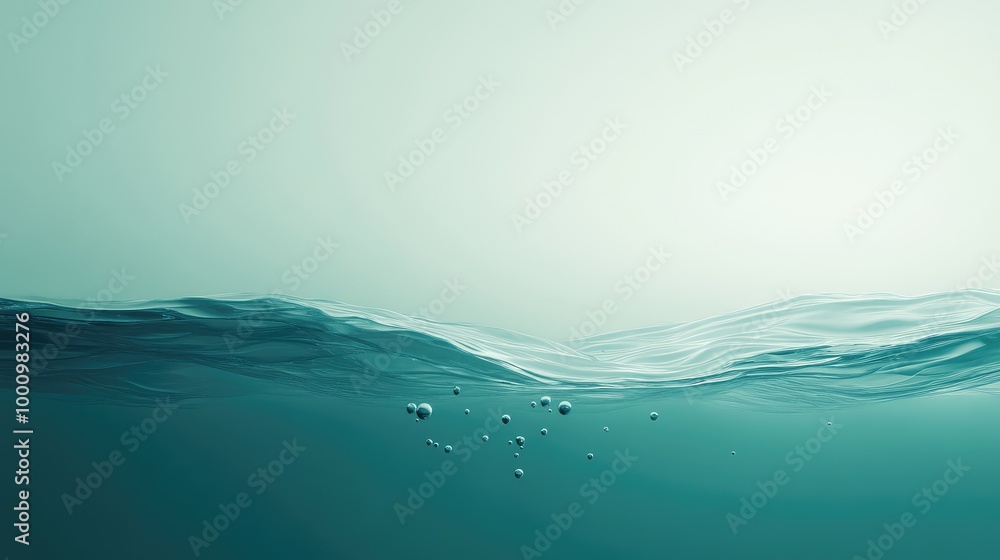 Poster an abstract 3d image of a serene water bottom, with floating particles and a smooth gradient transit