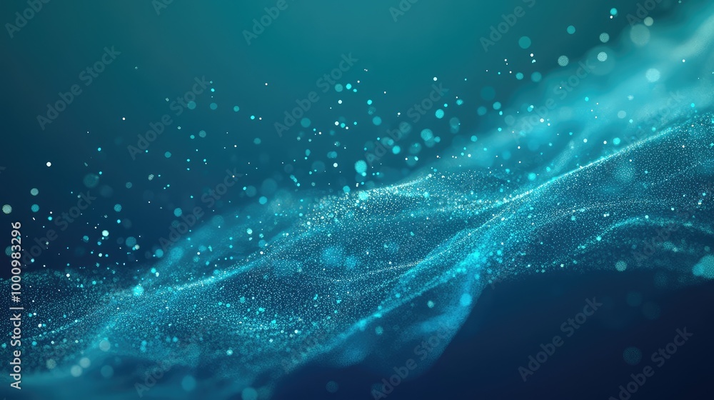 Poster an abstract 3d image of a serene water bottom, with floating particles and a smooth gradient transit