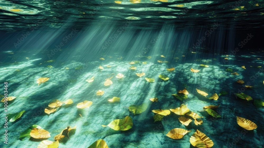 Poster an abstract 3d image of a tranquil water bottom, adorned with floating leaves and soft shadows danci