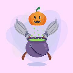 Big cauldron with boiling potion, witch broom and pumpkin lantern on abstract background. Halloween banner design. Celebration, holiday, party concept. Vector illustration for invitation or poster