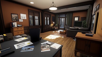 Naklejka premium Modern Office Interior with Desk Sofa and TV