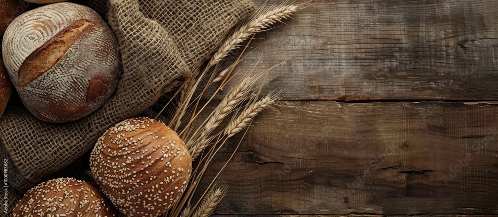 Poster High Angle Medium Close Up Lay Out Different Types Of Bread On A Hemp Burlap On A Wooden Tablefor Background And Copy Space For Text