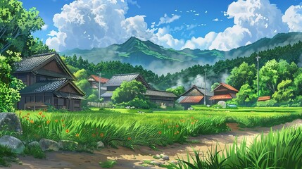 Fototapeta premium Beautiful Background of Rural Scenery in Mountain Villages: A Peaceful and Idyllic Retreat. Experience the Tranquility and Charm.