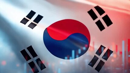 A close-up shot of the South Korean flag waving in the wind, with a blurred background of a cityscape. The flag is vibrant and colorful, showcasing the Taegeuk symbol and four black trigrams. - Powered by Adobe