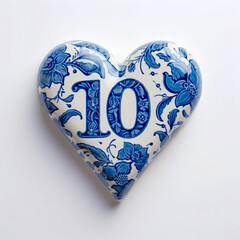 A white porcelain heart adorned with intricate blue floral patterns and the number 10, combining elegance and decorative charm in a minimalist setting
