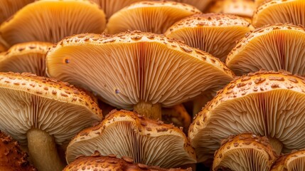 Close-Up of Golden-Brown Mushroom Cluster with Intricate Gill Patterns