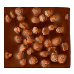 Chocolate bar square with hazelnuts isolated on white background. Milk chocolate with nuts Top view. Flat lay.