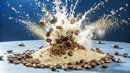 Explosion splash of ground coffee or cocoa powder with freeze isolated on background, pile of splatter of coffee grind dust powder, brown shattered beans.