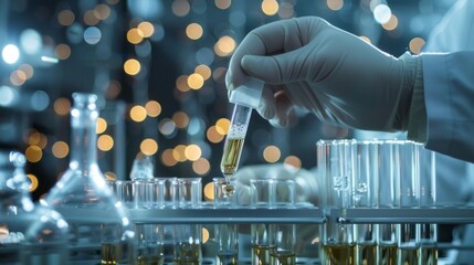 A scientist is holding a test tube and pouring a liquid into a beaker