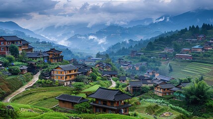 Fototapeta premium Beautiful Background of Rural Scenery in Mountain Villages: A Peaceful and Idyllic Retreat. Experience the Tranquility and Charm.