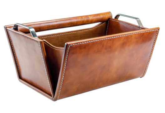 Brown leather storage bin isolated with transparent background.