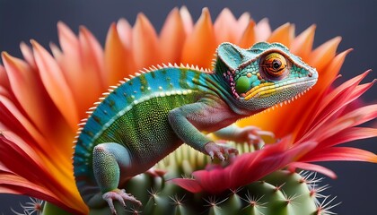 Fototapeta premium Lizard's Charm A vibrant chameleon face peeking from a cactus flower.