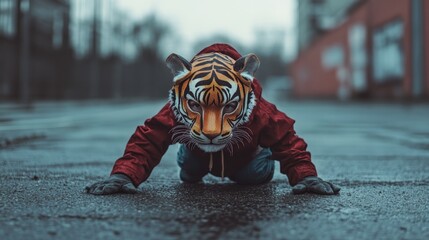 A child boy wearing a tiger mask crawling on the street. Quadrober youth subculture concept