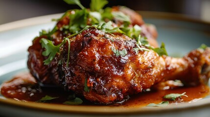 Savory Fried Chicken Delight - Close-up of Crispy Chicken Piece Drizzled with Sauce and Herbs on Plate for Food Advertisement Poster.