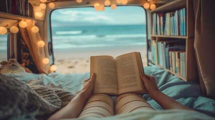 A woman lying in a camper van on the beach, reading a book during her summer vacation, embracing the travel lifestyle and adventure of vanlife while enjoying the freedom of outdoor living by the sea.