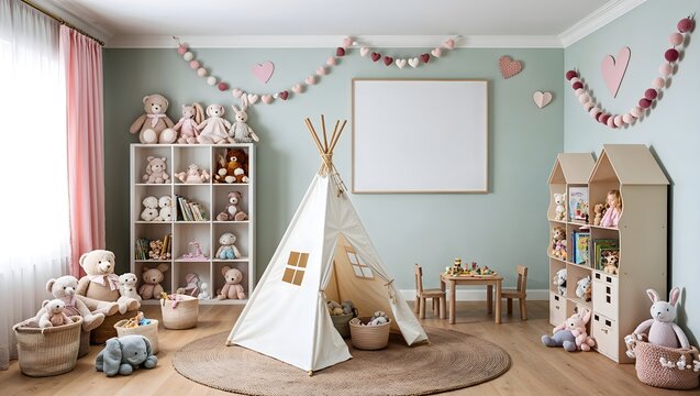 Liebevoll eingerichtetes Spielzimmer mit Teepee und Stofftieren