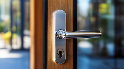 Door Lock Handle Knob: A Classic Wood Entrance Design for a Residential House, Blending Modern and Retro Styles for Security and Protection in a Beautifully Decorated Home Exterior and balcony